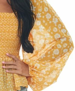 Flying Tomato Amber Floral Print Smocked Woven Peplum Blouse