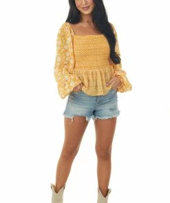 Flying Tomato Amber Floral Print Smocked Woven Peplum Blouse