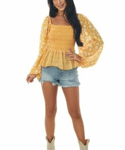 Flying Tomato Amber Floral Print Smocked Woven Peplum Blouse