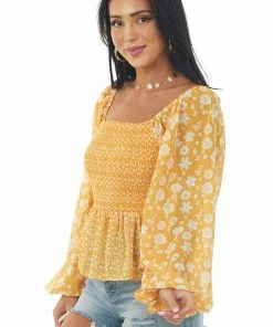 Flying Tomato Amber Floral Print Smocked Woven Peplum Blouse