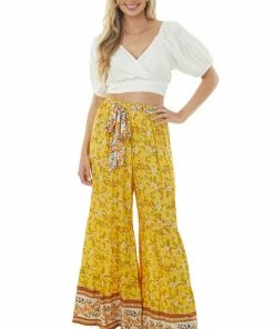 Ces Femme Bottoms Amber Floral Print Wide Leg Waist Tie Pants