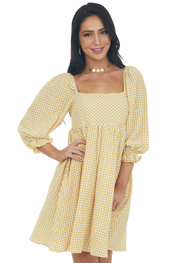 Sweet Lemon Dresses Amber Gingham Babydoll Square Neck Mini Dress 3 Sweet Lemon Dresses Amber Gingham Babydoll Square Neck Mini Dress