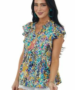 Hailey & Co Amber Printed Short Ruffle Sleeve Babydoll Top