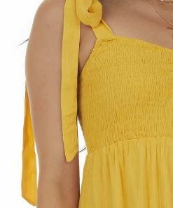Sweet Lemon Amber Tie Strap Smocked Ruched Maxi Dress Dresses
