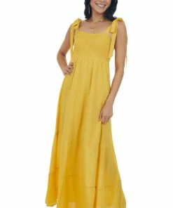 Sweet Lemon Amber Tie Strap Smocked Ruched Maxi Dress Dresses