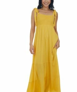 Sweet Lemon Amber Tie Strap Smocked Ruched Maxi Dress Dresses