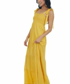 Sweet Lemon Amber Tie Strap Smocked Ruched Maxi Dress Dresses