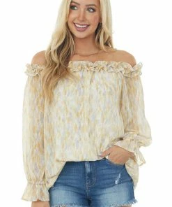Jodifl Tops Amber Watercolor Ruffle Off Shoulder Top
