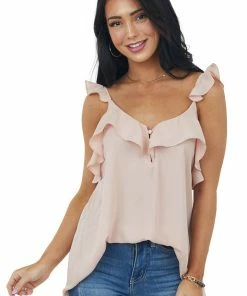 Doe & Rae Tops Apricot Chiffon Sleeveless Ruffle Cami Blouse