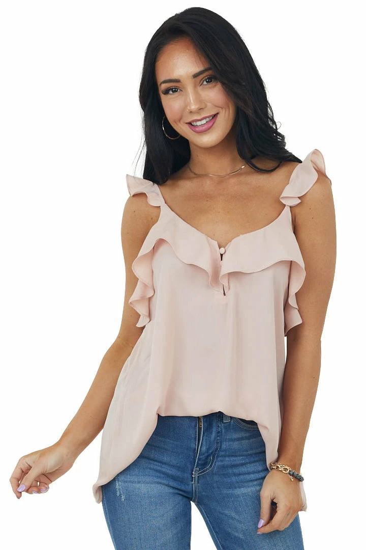 Doe & Rae Tops Apricot Chiffon Sleeveless Ruffle Cami Blouse 3 Doe & Rae Tops Apricot Chiffon Sleeveless Ruffle Cami Blouse
