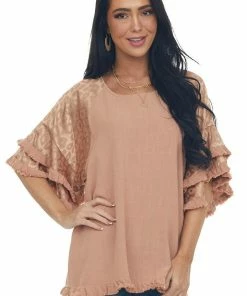 Umgee Apricot Leopard Tiered Sleeve Textured Blouse Tops
