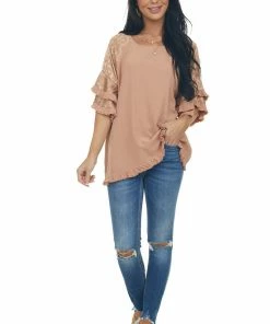 Umgee Apricot Leopard Tiered Sleeve Textured Blouse Tops