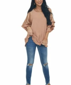 Umgee Apricot Leopard Tiered Sleeve Textured Blouse Tops