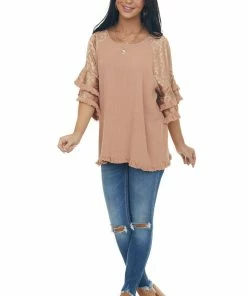 Umgee Apricot Leopard Tiered Sleeve Textured Blouse Tops