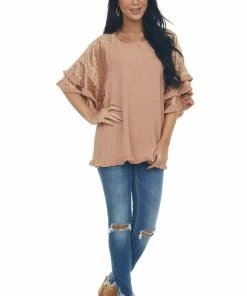 Umgee Apricot Leopard Tiered Sleeve Textured Blouse Tops