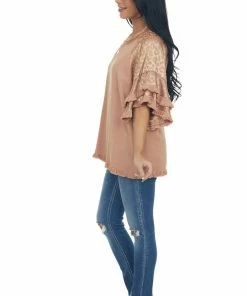 Umgee Apricot Leopard Tiered Sleeve Textured Blouse Tops