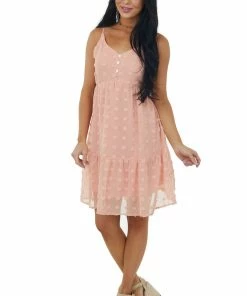 Miss Sparkling Apricot Swiss Dot Sleeveless Short Dress Dresses