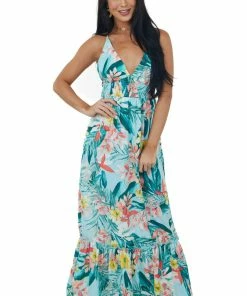 LIGHT SO SHINE Aqua Floral Print Sleeveless Tiered Maxi Dress