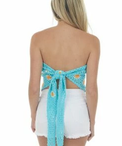 POL Clothing Aqua Floral Sleeveless Tie Back Crochet Top