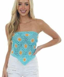 POL Clothing Aqua Floral Sleeveless Tie Back Crochet Top