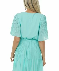 She + Sky Bright & Colorful Tops Aqua Half Sleeve Pleated Surplice Mini Dress