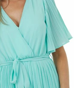 She + Sky Bright & Colorful Tops Aqua Half Sleeve Pleated Surplice Mini Dress