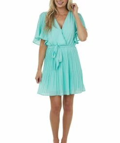 She + Sky Bright & Colorful Tops Aqua Half Sleeve Pleated Surplice Mini Dress