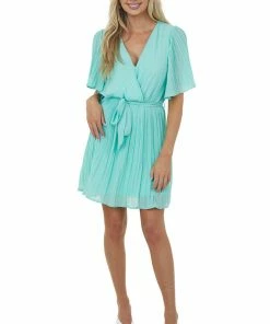 She + Sky Bright & Colorful Tops Aqua Half Sleeve Pleated Surplice Mini Dress