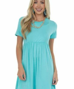 HESED Aqua Short Sleeve Babydoll Knit Dress Dresses