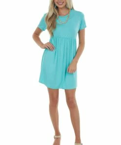HESED Aqua Short Sleeve Babydoll Knit Dress Dresses