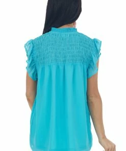 Vanilla Bay Aqua Smocked Yoke Ruffle Cap Sleeve Blouse Tops