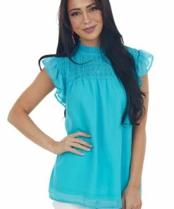 Vanilla Bay Aqua Smocked Yoke Ruffle Cap Sleeve Blouse Tops