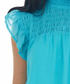 Vanilla Bay Aqua Smocked Yoke Ruffle Cap Sleeve Blouse Tops