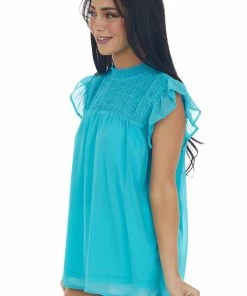 Vanilla Bay Aqua Smocked Yoke Ruffle Cap Sleeve Blouse Tops