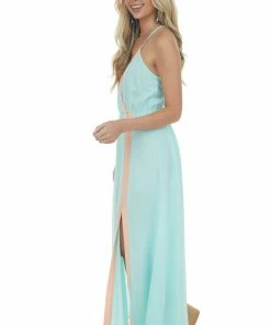 Main Strip Aqua And Peach Sleeveless Maxi Dress With Side Slit Detail