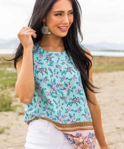 Staccato Tops Aqua Floral Print Sleeveless Blouse
