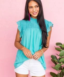 Vanilla Bay Aqua Smocked Yoke Ruffle Cap Sleeve Blouse Tops