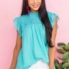 Vanilla Bay Aqua Smocked Yoke Ruffle Cap Sleeve Blouse Tops