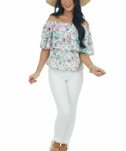 Entro Aquamarine Floral Off Shoulder Overlay Blouse