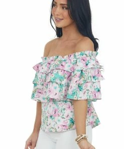 Entro Aquamarine Floral Off Shoulder Overlay Blouse