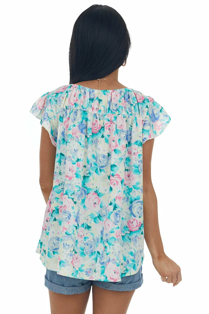 Hailey & Co Tops Aquamarine Floral Ruched Ruffle Yoke Woven Top 7 Hailey & Co Tops Aquamarine Floral Ruched Ruffle Yoke Woven Top
