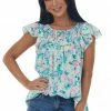 Hailey & Co Tops Aquamarine Floral Ruched Ruffle Yoke Woven Top