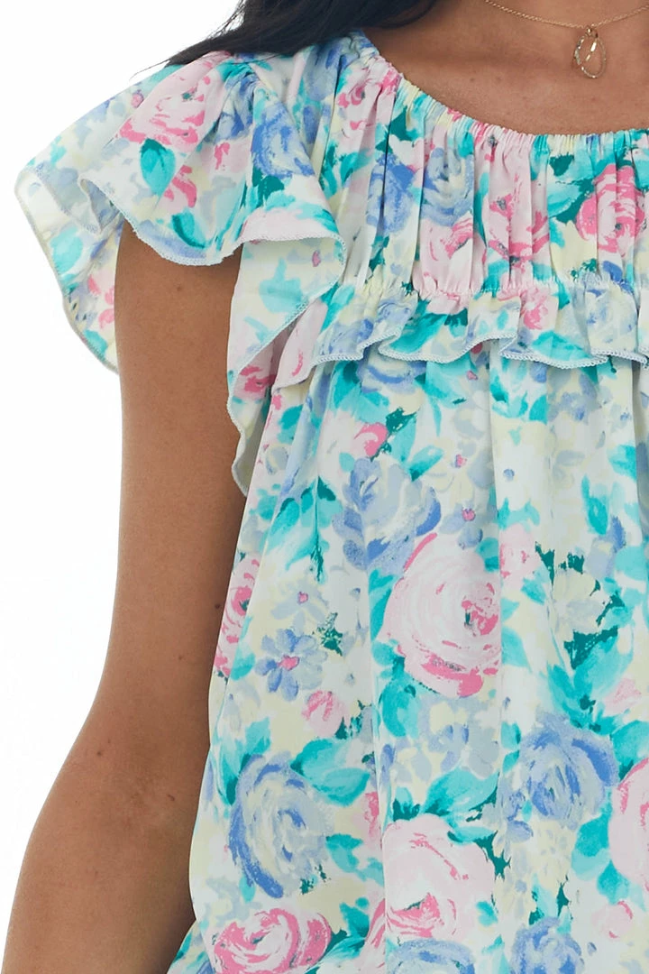 Hailey & Co Tops Aquamarine Floral Ruched Ruffle Yoke Woven Top 8 Hailey & Co Tops Aquamarine Floral Ruched Ruffle Yoke Woven Top