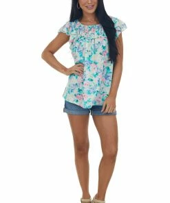Hailey & Co Tops Aquamarine Floral Ruched Ruffle Yoke Woven Top 9 Hailey & Co Tops Aquamarine Floral Ruched Ruffle Yoke Woven Top