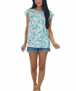 Hailey & Co Tops Aquamarine Floral Ruched Ruffle Yoke Woven Top 10 Hailey & Co Tops Aquamarine Floral Ruched Ruffle Yoke Woven Top