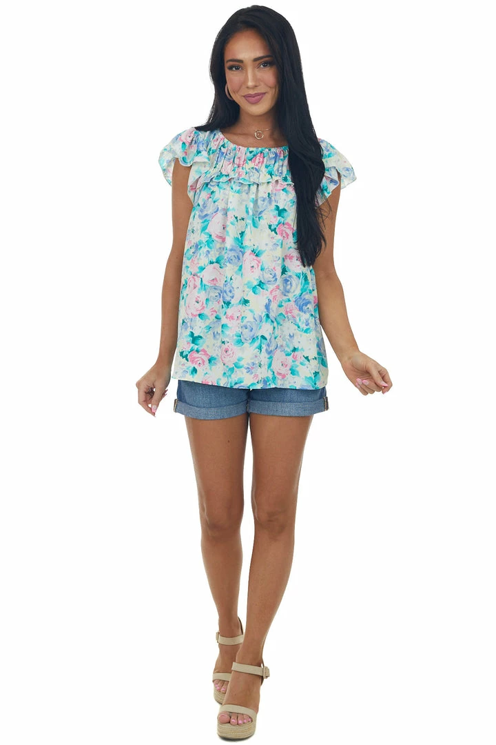 Hailey & Co Tops Aquamarine Floral Ruched Ruffle Yoke Woven Top 5 Hailey & Co Tops Aquamarine Floral Ruched Ruffle Yoke Woven Top