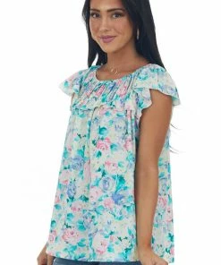 Hailey & Co Tops Aquamarine Floral Ruched Ruffle Yoke Woven Top 11 Hailey & Co Tops Aquamarine Floral Ruched Ruffle Yoke Woven Top