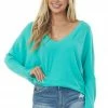 Charlotte Avery Tops Aquamarine Long Dolman Sleeve V Neck Knit Top