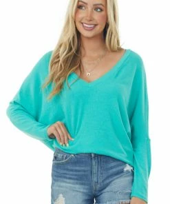 Charlotte Avery Tops Aquamarine Long Dolman Sleeve V Neck Knit Top