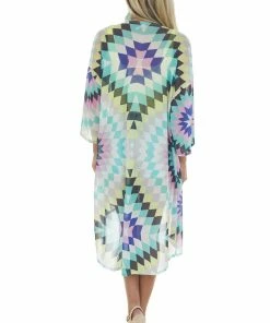 HESED Tops Aquamarine Multicolor Printed Duster Kimono